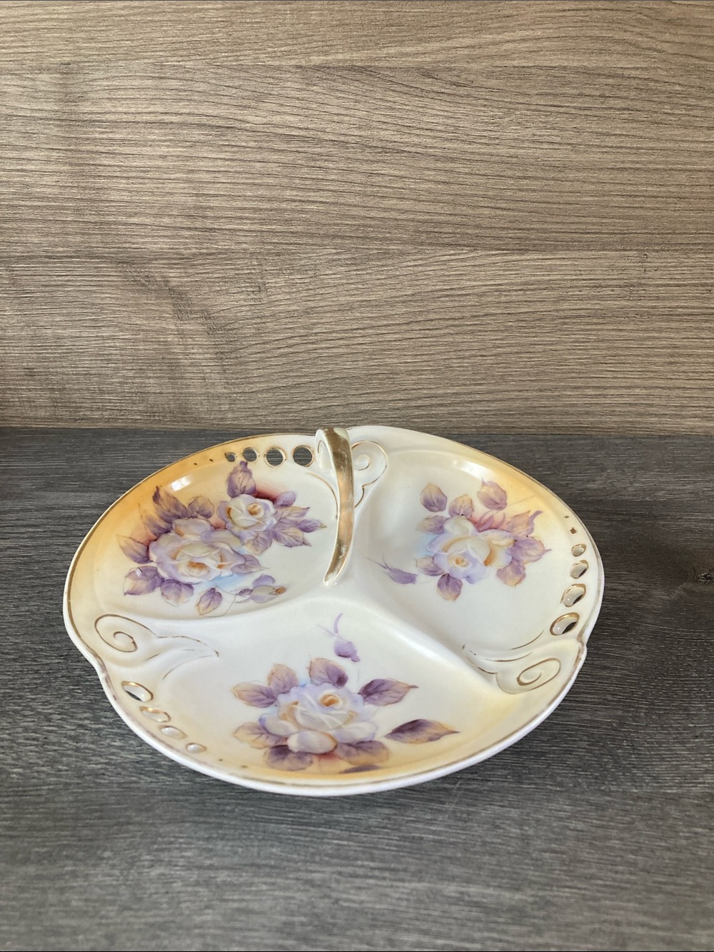 Vintage Enesco Hand Painted Yellow and Purple Candy/trinket Divided plate
